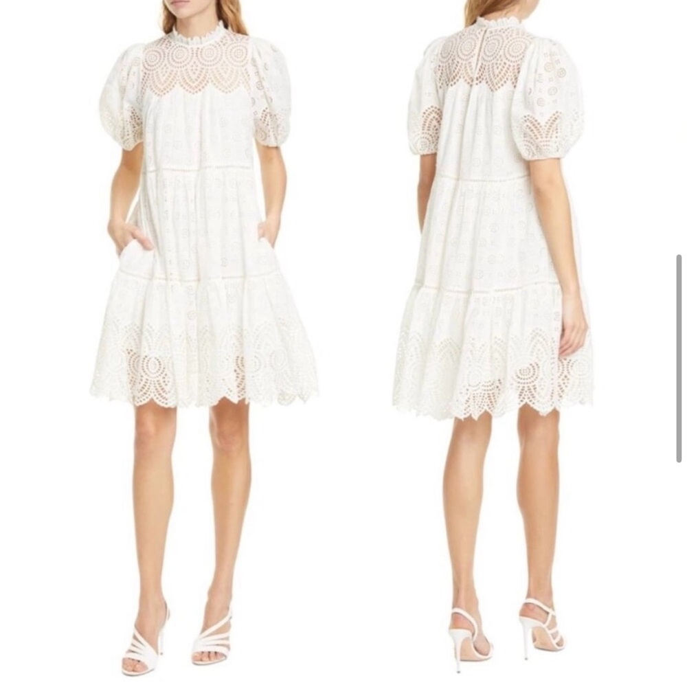 Ulla Johnson Simone Eyelet Puff Sleeve Dress Size 8 White Lace